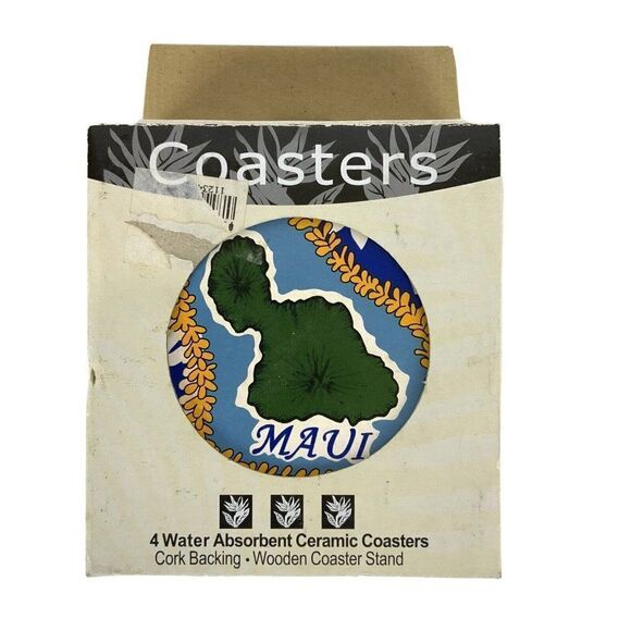 Maui Absorbent Ceramic Coasters Cork Backing Wood Holder Gift from Hawaii - Picture 6 of 9